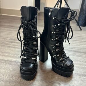 Black Lace-Up Platform Mid Calf Boots - Size 8